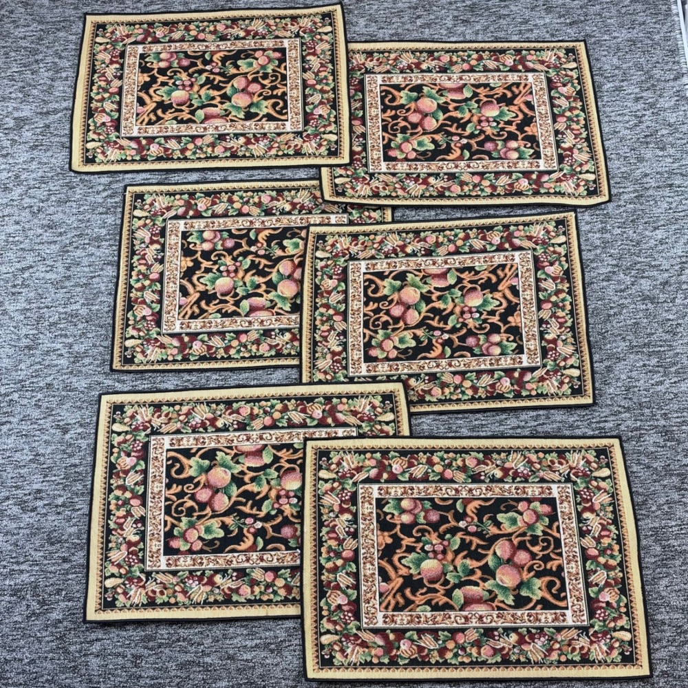 Vintage Tapestry Placemats Set of 6 Fruit Grapes Floral Black 19x13